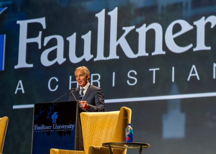 The Rt. Hon. Tony Blair speaks to a sold-out crowd at Faulkner University's Annual Benefit Dinner on Oct. 4 at the Renaissance Hotel and Convention Center in downtown Montgomery.