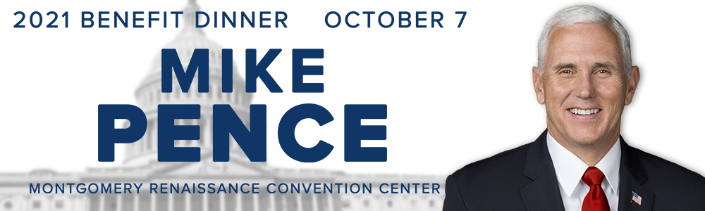 Mike Pence billboard promoting the 2021 Benefit Dinner.