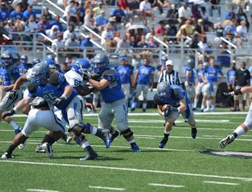 John Cooper #57 played in Faulkner’s first football game at Billy D Hilyer Stadium in 2012.