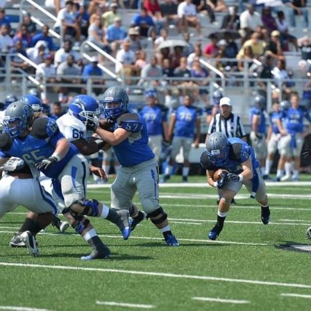 John Cooper #57 played in Faulkner’s first football game at Billy D Hilyer Stadium in 2012.