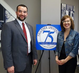 Annie Butterworth Jones, right, stands with fellow alumnus, Kevin Hall during the Faulkner University Marketplace Faith Forums in February 2018.