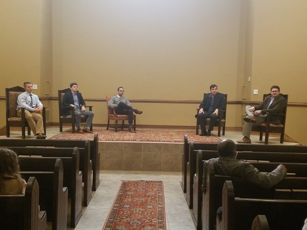 l-r- Devin Morris, Jared Kelly, Andrew Itson, Caleb Cochran and Andrew Kingsley participate in the 2021 Marketplace Faith Friday Forums. Jared Kelly is serving as a youth and family minister. 