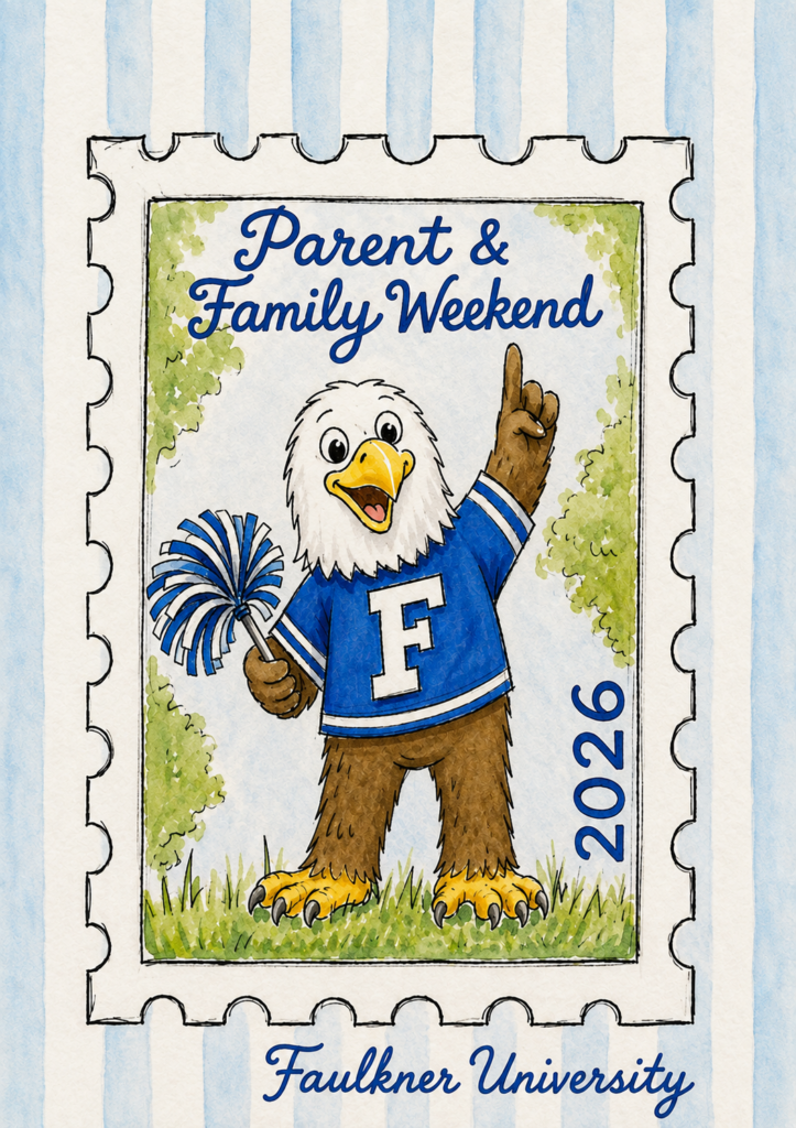 Faulkner mascot with poms cheering for parent and family weekend.