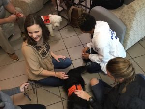 Student stopped by Cafe Sienna on Monday to pet therapy dog with Easter Seals' Dogs on Call. They were a few guests invited to this year's Wellness Week on Faulkner University's campus.