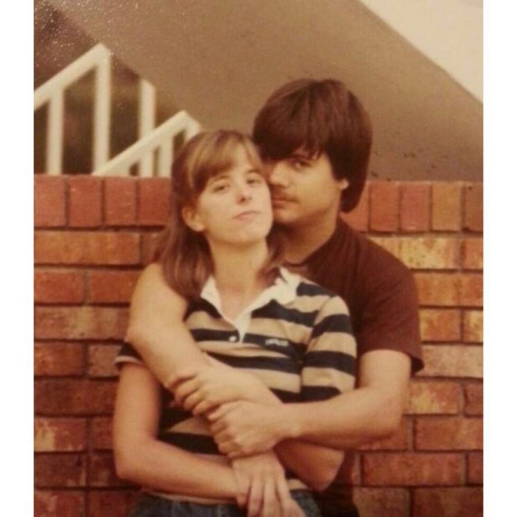 Ramona (Bearden) Martin and Mark Martin embrace outside Burton Dormitory while they were students at Alabama Christian College in 1980.