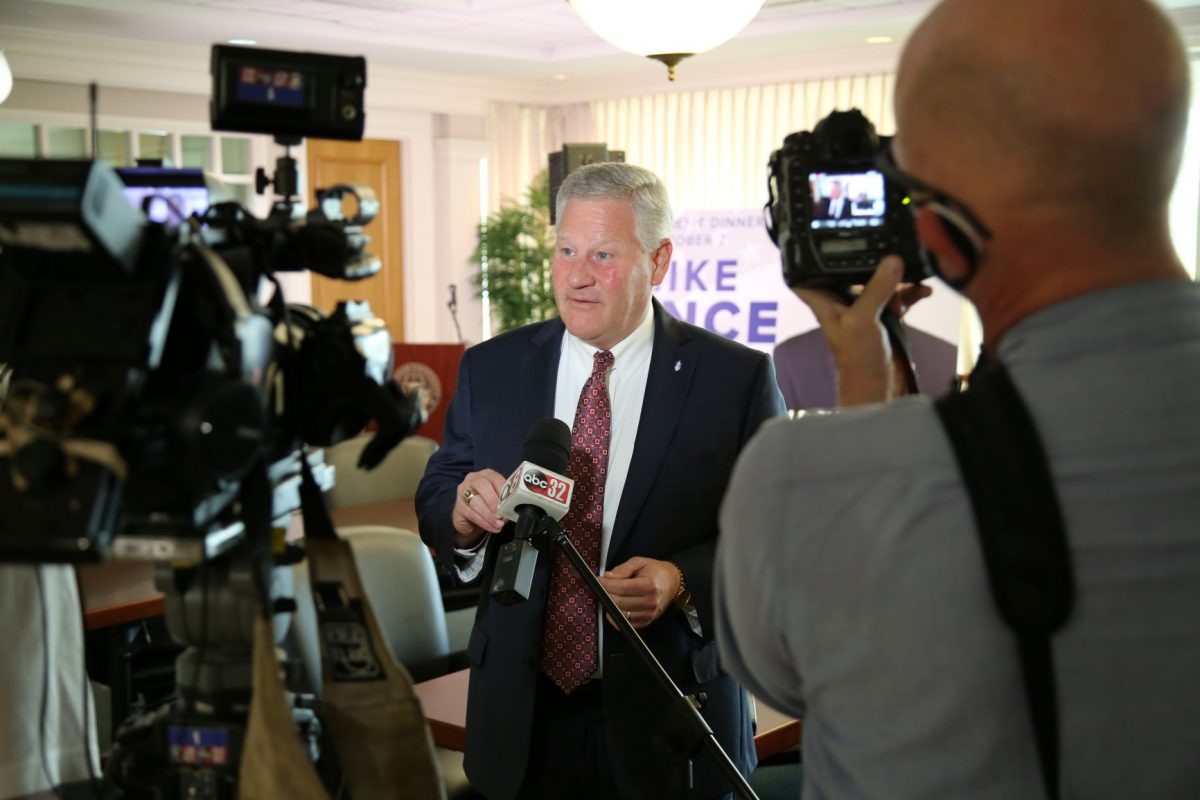 Faulkner President Mike Williams talks to media after he announces former Vice President Mike Pence as this year's Benefit Dinner speaker. The dinner will be held on Oct. 7.