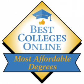 Best Colleges Online Most Affordagle Degrees badge.