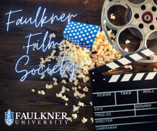 Faulkner Film Society promotional picture shows popcorn, a movie reel and a directors clapperboard.