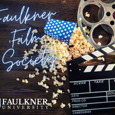 Faulkner Film Society promotional picture shows popcorn, a movie reel and a directors clapperboard.