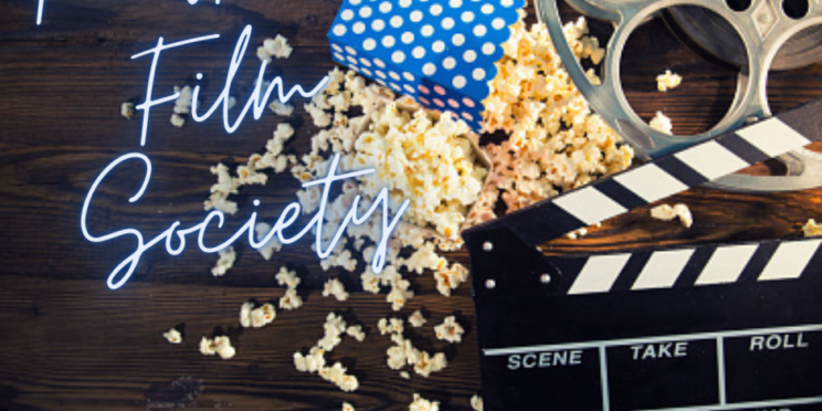 Faulkner Film Society promotional picture shows popcorn, a movie reel and a directors clapperboard.