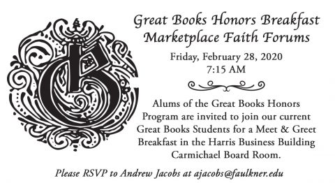 Info for the Great Books Honors Marketplace Faith event for Homecoming 2020