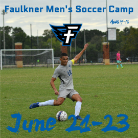 Faulkner Men's soccer player kicking a ball on the field. June 21-23 Men's Soccer Camp