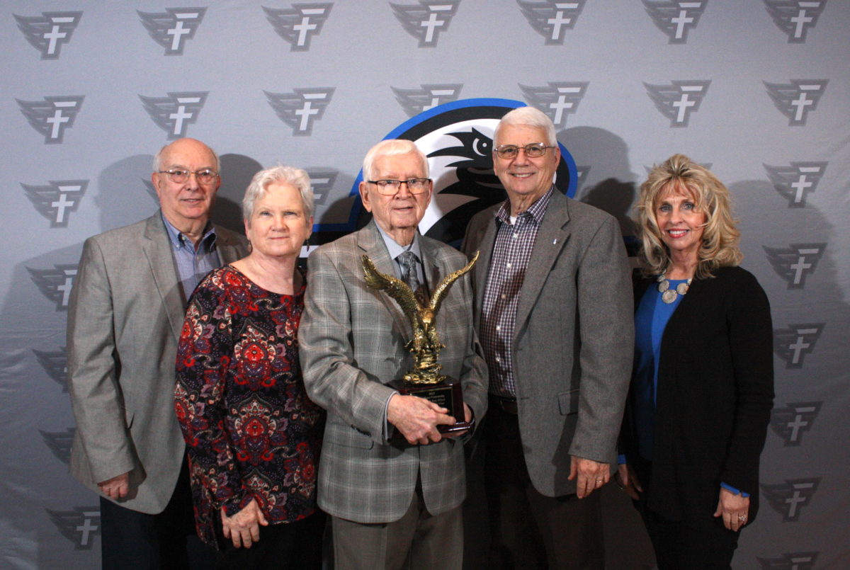 l-r Patric Watkins, Debbie (Brannan) Watkins, E.R. Brannan, Steve Brannan and Brenda Dutton Brannan after E.R. received the Alumnus of the Year Award.