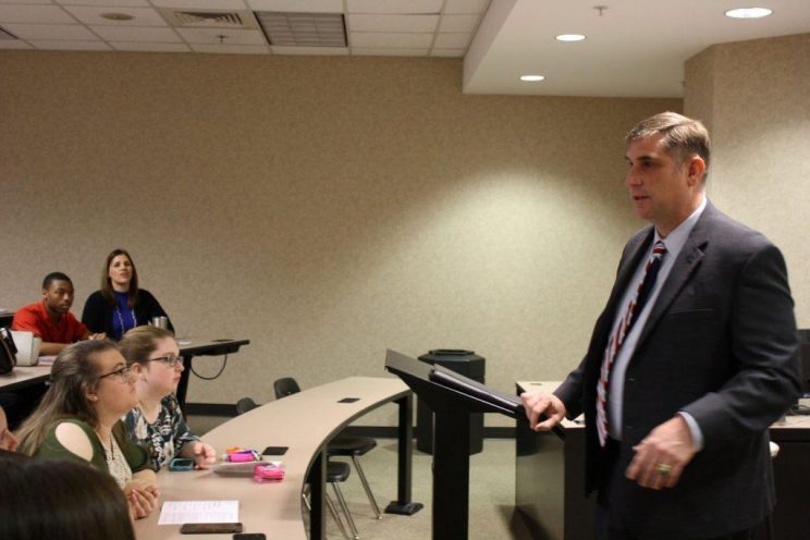 Perry Dillard speaks to students during Faulkner's 2019 Marketplace Faith Friday Forums