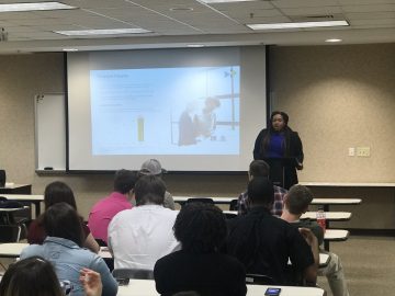 Jessica Goosby talks to students during the 2020 Marketplace Faith Friday Forums.