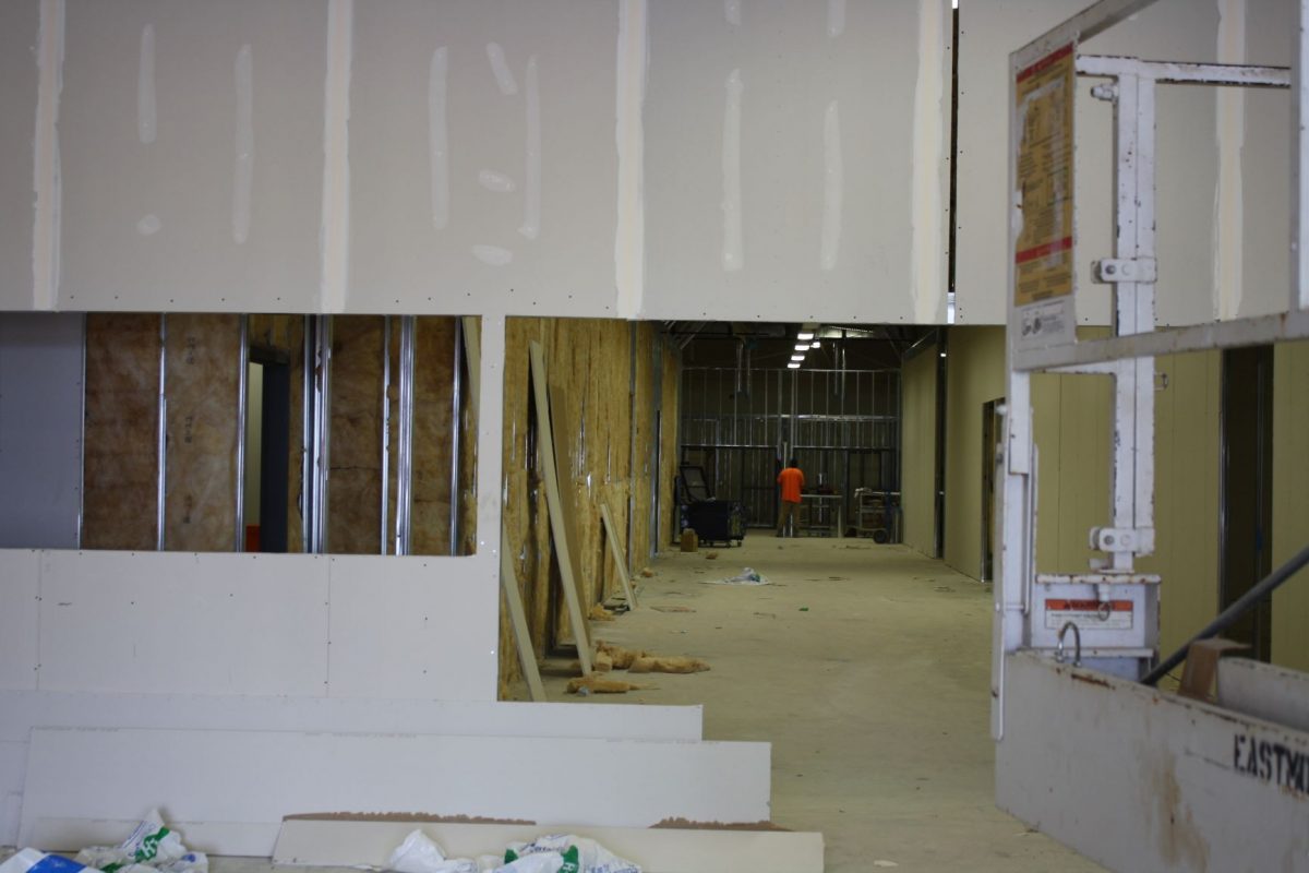 Renovations are underway for the College of Health Science's front entryway and main hall including metal framing and drywall.