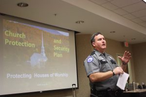 Faulkner Police Department Police Chief Everette Johnson gives introductory remarks during Faulkner University's Church Protection and Security Plan seminar on Friday, February 2, 2018.