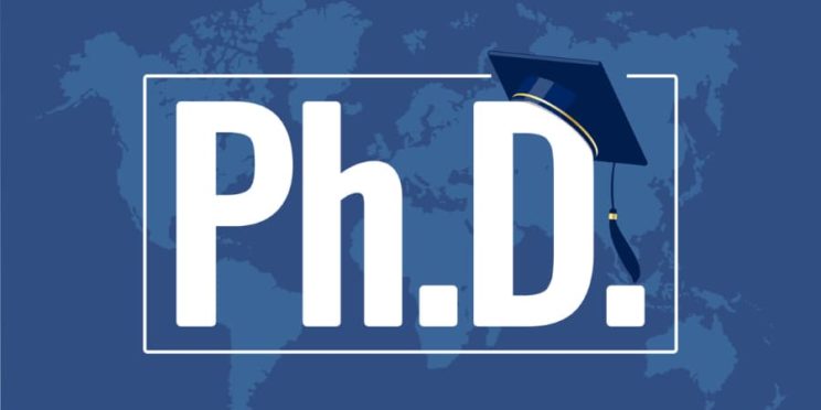 Illustration showing the letters “Ph.D.” with graduation cap