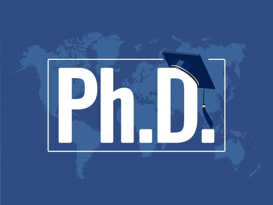 Illustration showing the letters “Ph.D.” with graduation cap