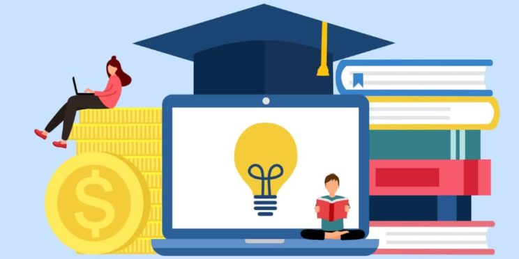 Illustration with college theme: Light bulb on a laptop screen, books, money, graduation cap, and students