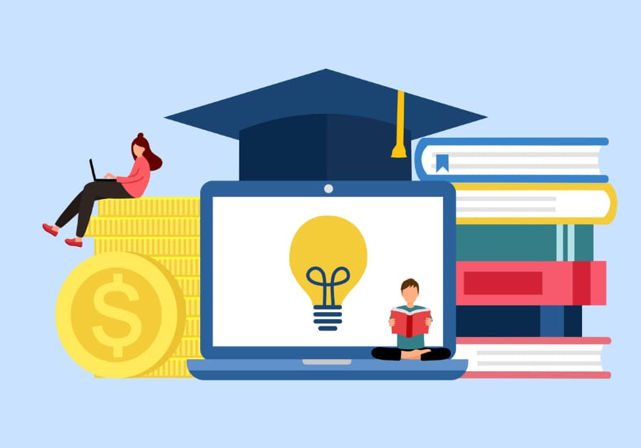 Illustration with college theme: Light bulb on a laptop screen, books, money, graduation cap, and students