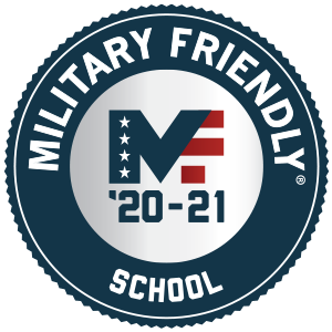 Badge commemorating Faulkner University is a Military Friendly 2020-2021 School.