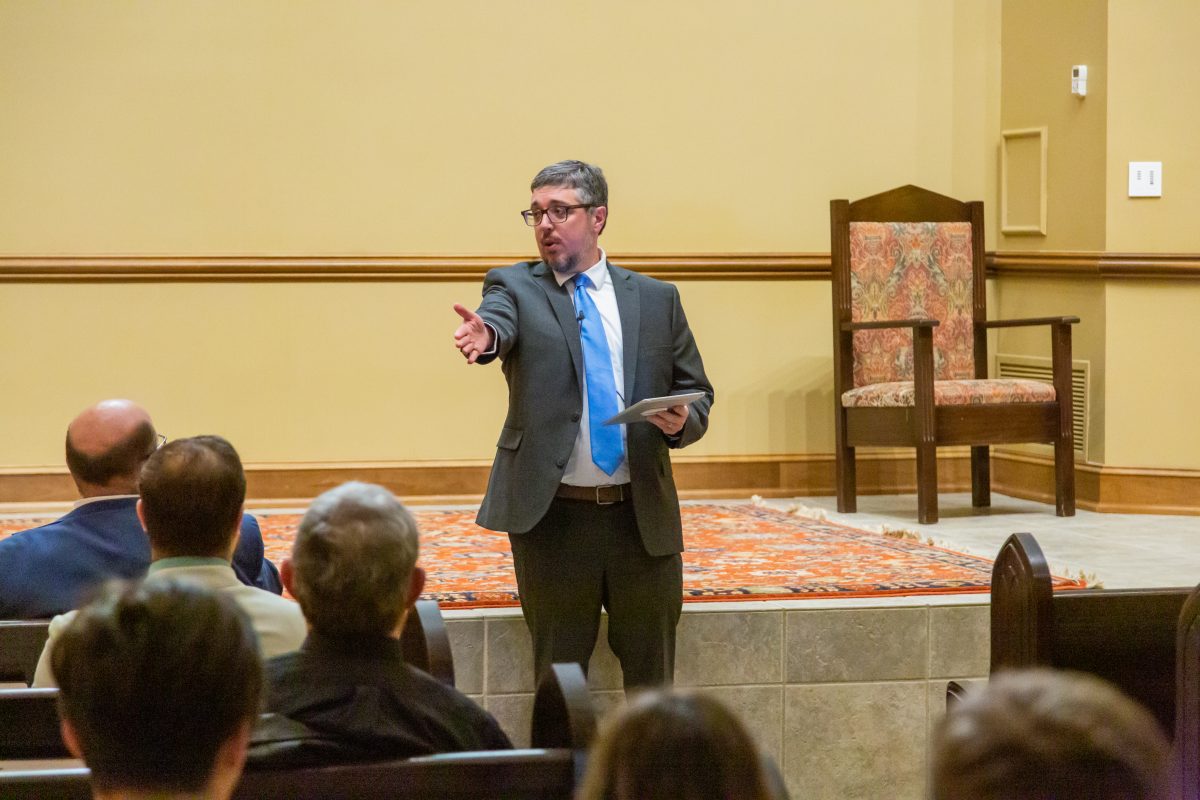 Brendan Chance speaks to faculty and students during the 2023 Marketplace Faith Friday Forums in Lester Chapel. 