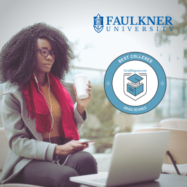GradDegree.com logo advertisement. Faulkner University recently clinched the top spots in five different categories for having the most popular online liberal arts and sciences and humanities degrees along with graduate and doctoral liberal arts programs according to a new 2021 report by GradDegree.com.