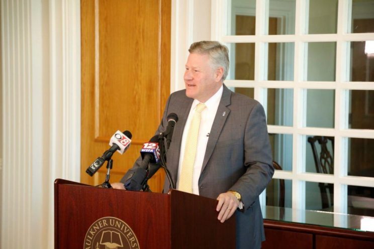 Faulkner University President Mike Williams announces Nikki Haley as this year's annual Benefit Dinner speaker on Tuesday on the Montgomery campus