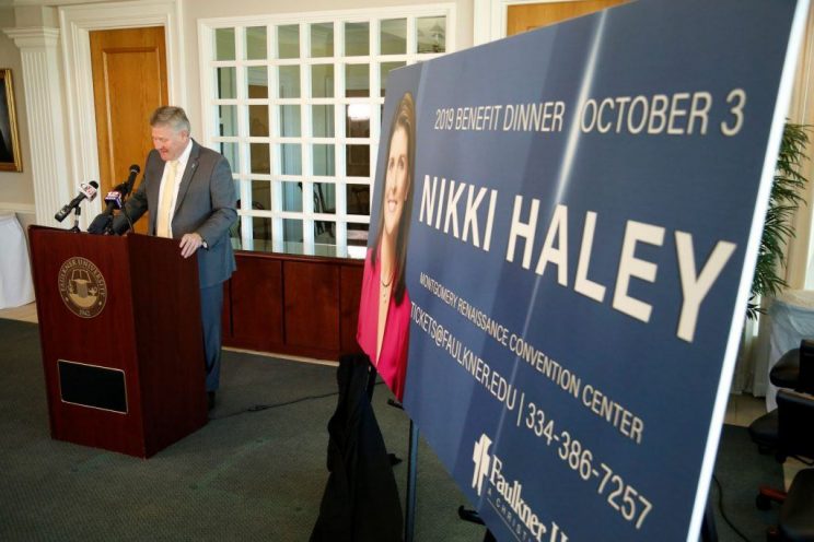 Faulkner University President Mike Williams announces Nikki Haley as this year's annual Benefit Dinner speaker on Tuesday on the Montgomery campus