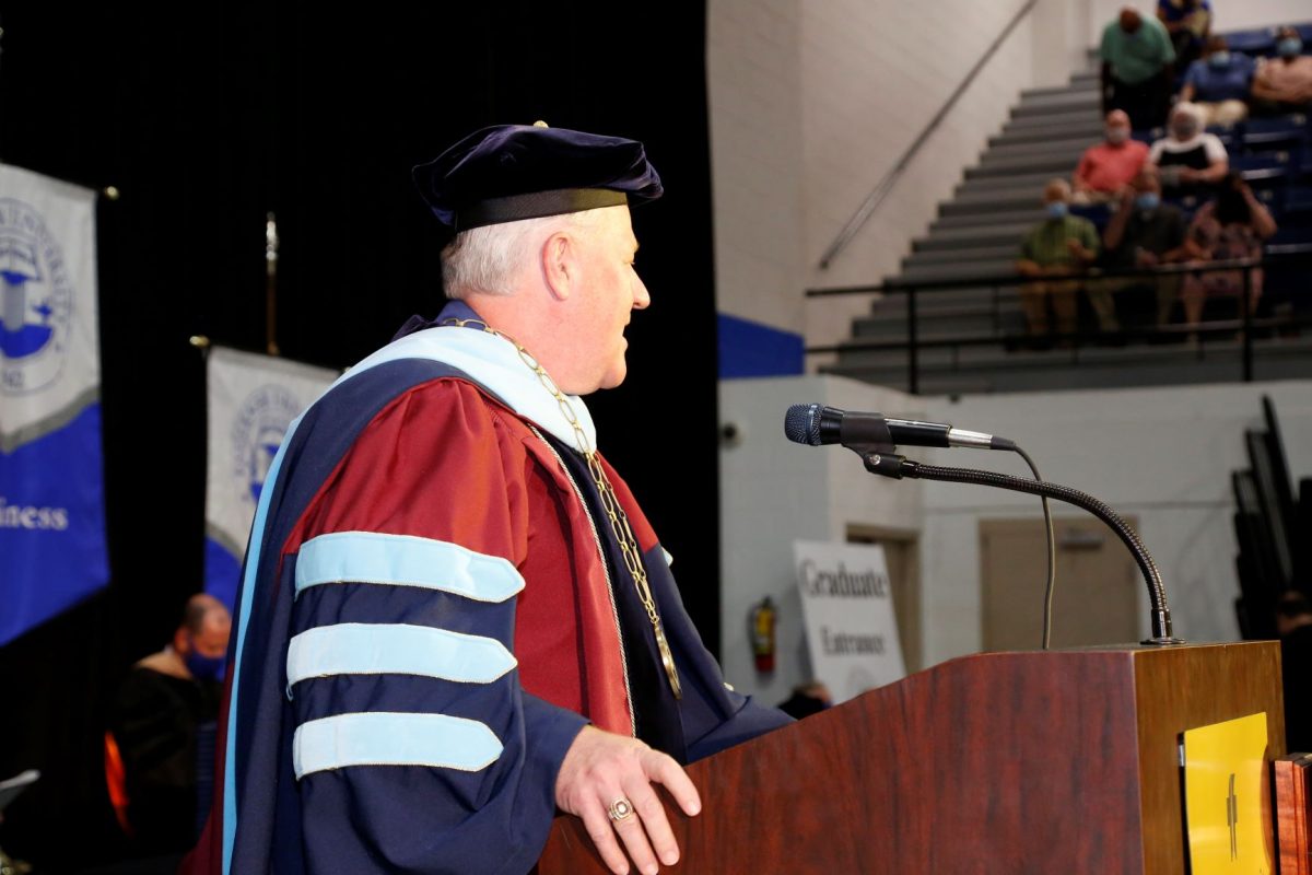 Faulkner President Mike Williams addresses the crowd during the 2020 Spring commencement ceremony on Auugust 8. 