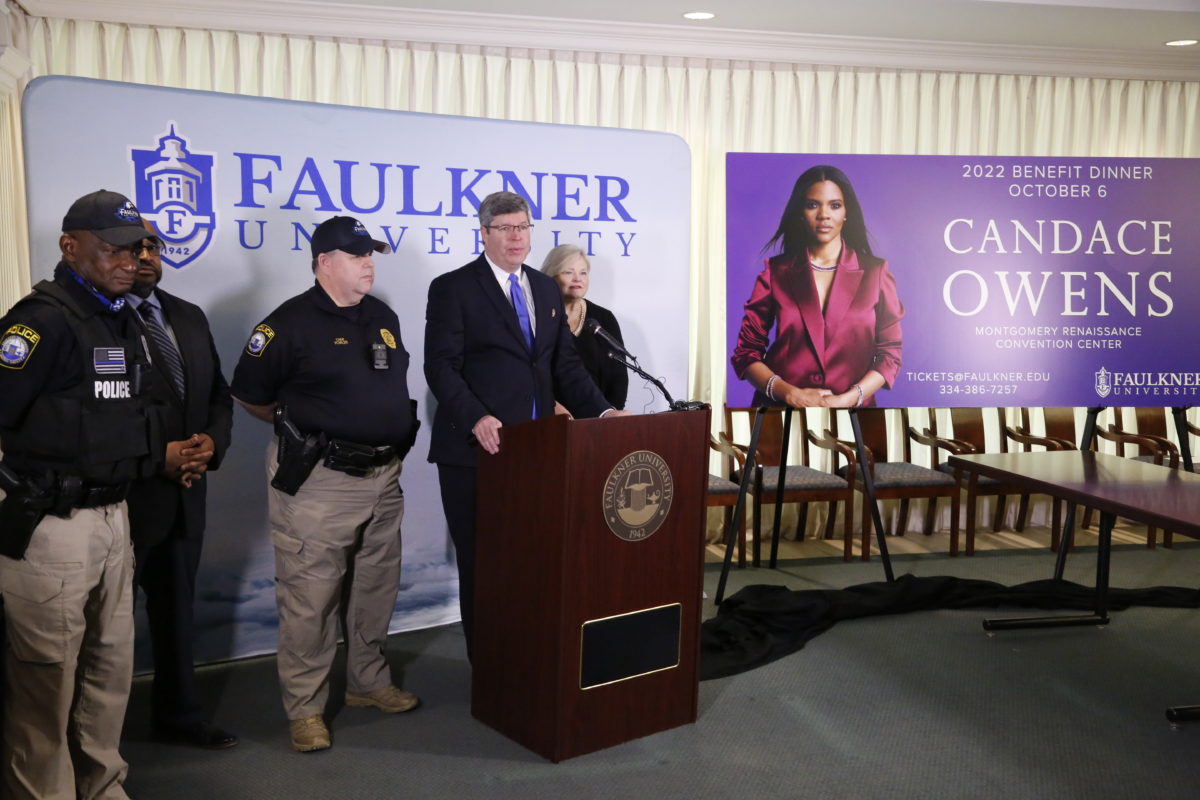  Faulkner President-elect Mitch Henry announces Candace Owens as this year's Benefit Dinner speaker. The dinner will be held on Oct. 6. l-r Faulkner Police Sgt. Booth James, BCJ Director Andre Mitchell, Faulkner Police Chief David Fowler, Henry, and Criminal Justice and Legal Studies Department Chair Cathy Davis. 