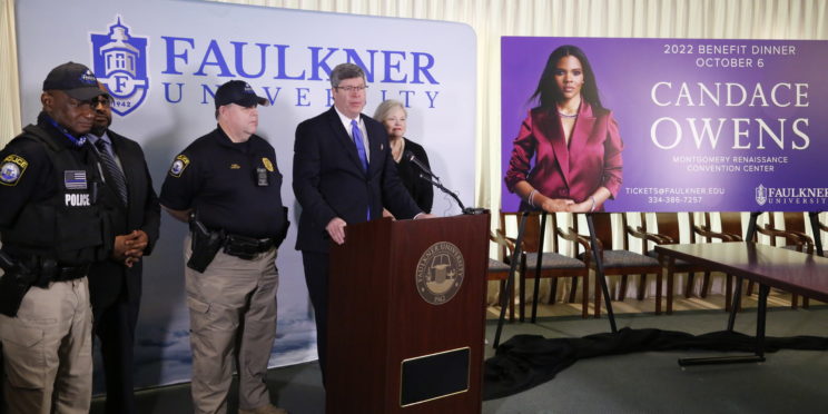 Faulkner President-elect Mitch Henry announces Candace Owens as this year's Benefit Dinner speaker. The dinner will be held on Oct. 6. l-r Faulkner Police Sgt. Booth James, BCJ Director Andre Mitchell, Faulkner Police Chief David Fowler, Henry, and Criminal Justice and Legal Studies Department Chair Cathy Davis.