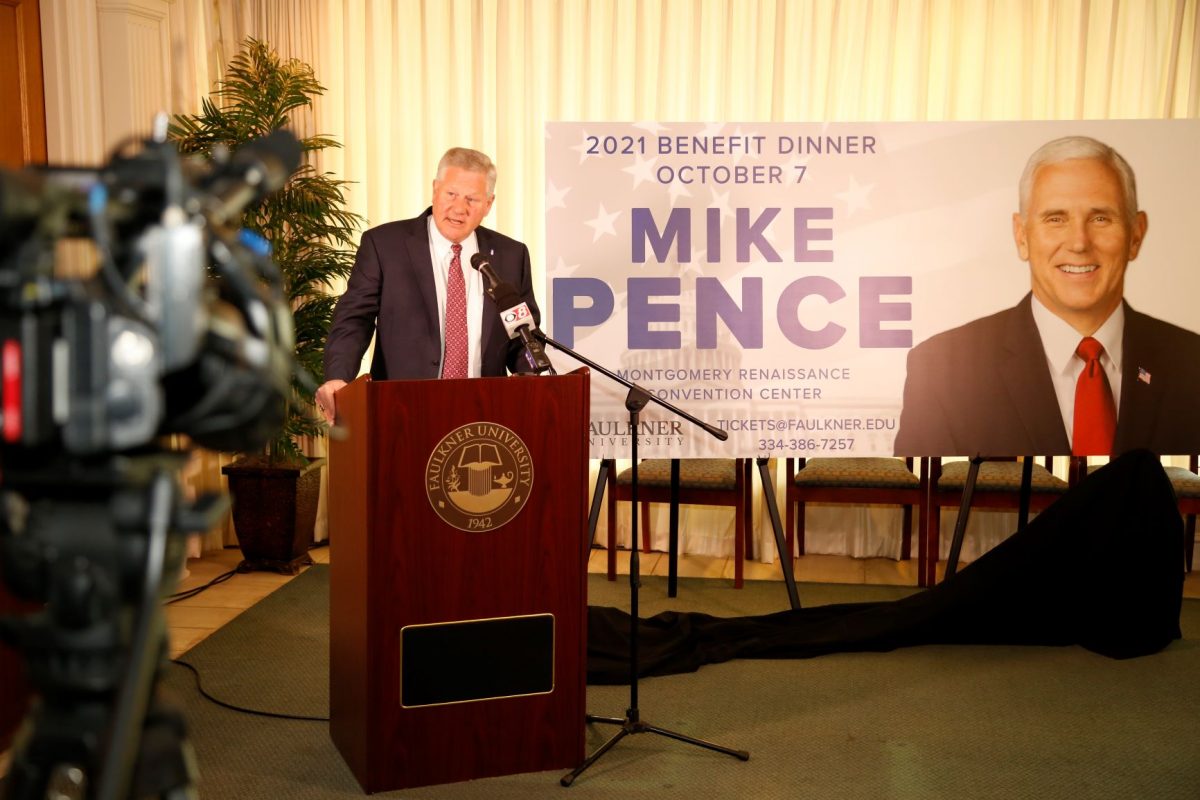 Faulkner President Mike Williams announces former Vice President Mike Pence as this year's Benefit Dinner speaker. The dinner will be held on Oct. 7.