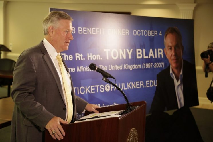 Faulkner President Mike Williams announces Tony Blair as this year's annual Benefit Dinner speaker at a press conference on campus Monday.