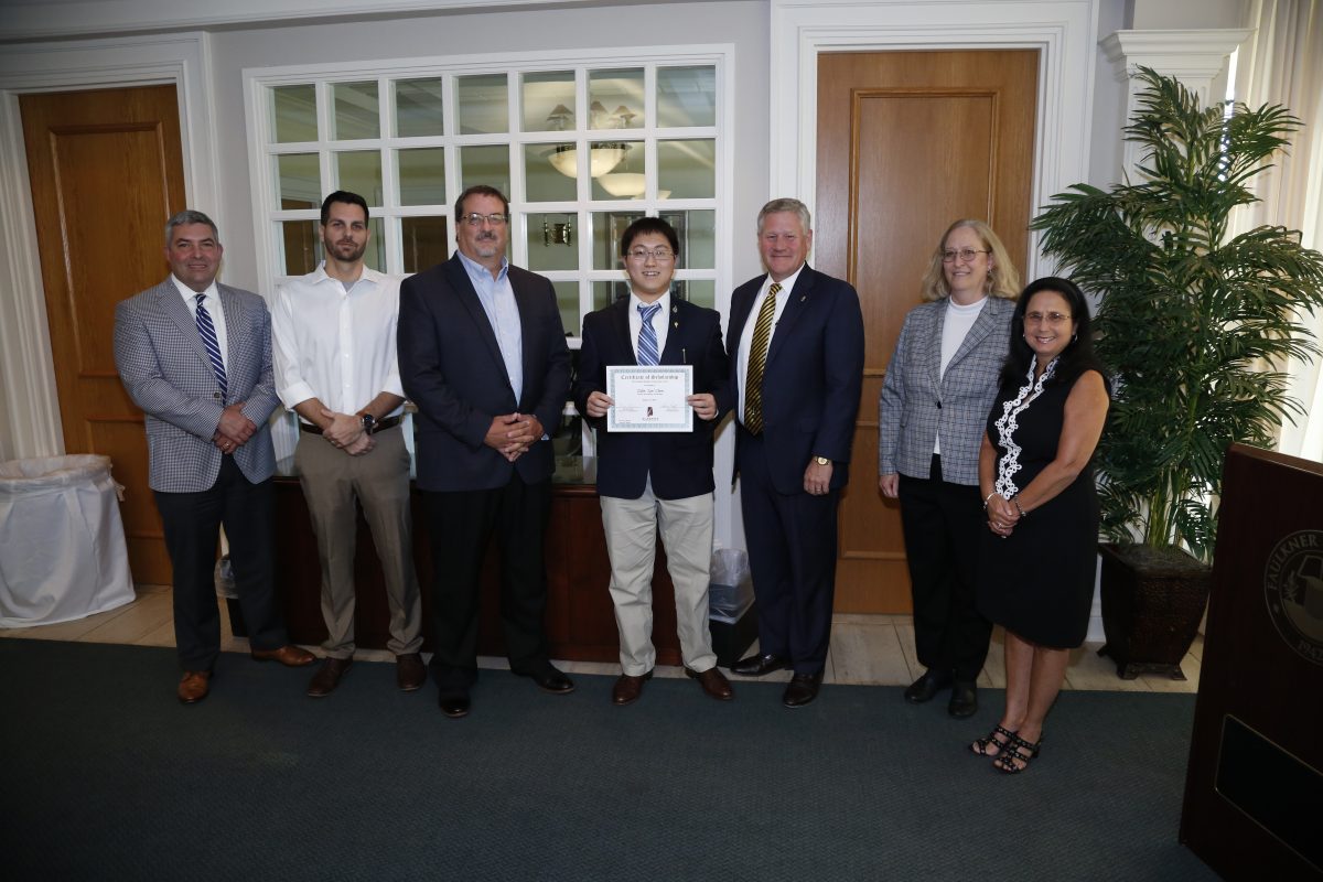 l-r ATF Sponsorship Chair, Josh Ingalls; Andrew Smith, Regional Project Manager for Honda North America; Jeff Arrington, Dean of Faulkner University's College of Arts and Sciences; Zilian "Ian" Chen; Mike Williams, Faulkner University President; Susan Hammond, Chair of Faulkner's Computer Science Department; and Renee Borg