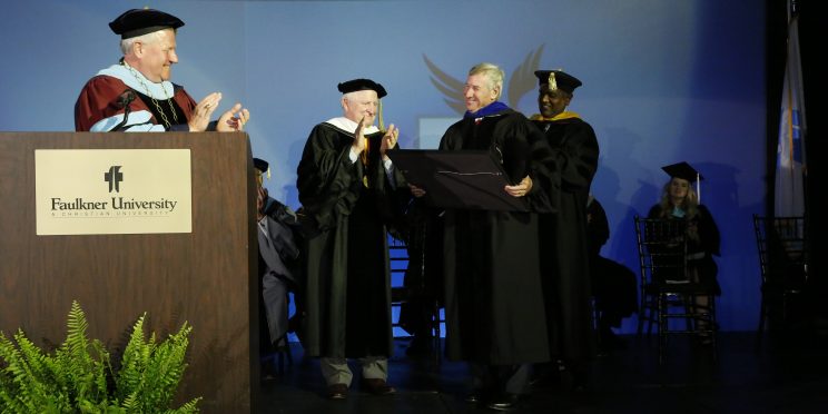 Faulkner University President Mike Williams and Faulkner leadership present Mayor Todd Strange with an honorary Doctor of Humane Letters during the university’s fall 2019 Convocation ceremony on Aug. 19