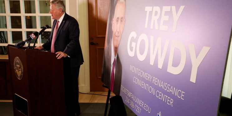 Faulkner University President Mike Williams announces Congressman Trey Gowdy as this year's annual Benefit Dinner speaker on Tuesday on the Montgomery campus.