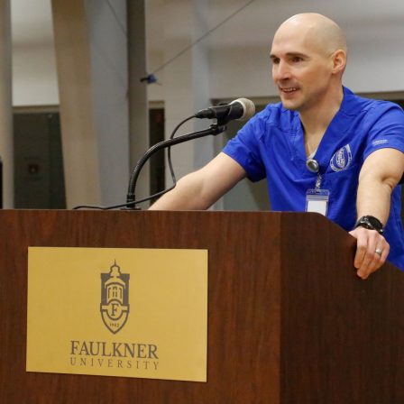 PA student Jordan Bennett, speaks at the President's Circle luncheon on Feb. 18, 2021.