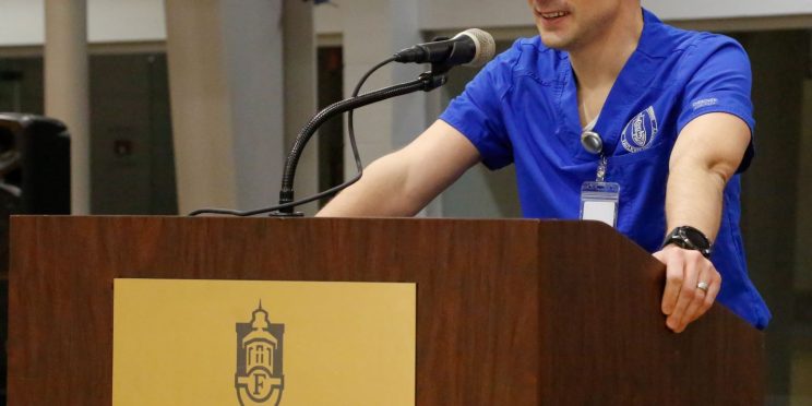 PA student Jordan Bennett, speaks at the President's Circle luncheon on Feb. 18, 2021.