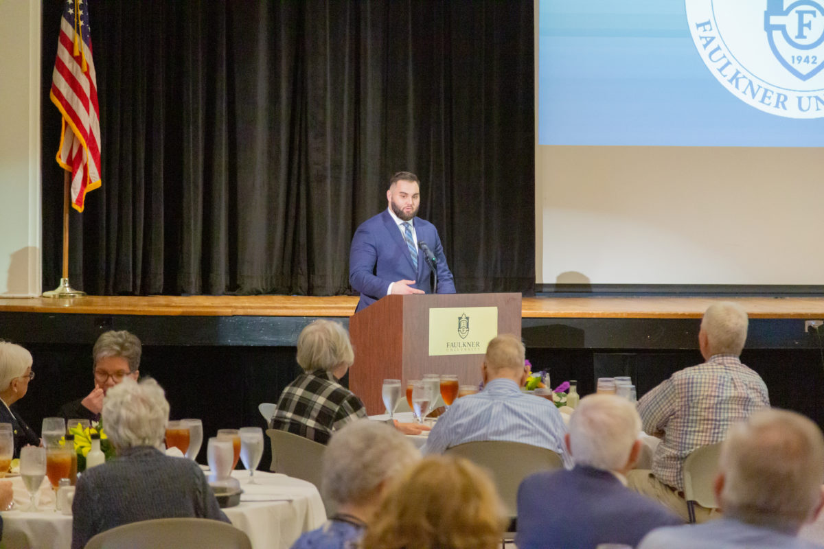 Sam Jackson addresses donors at President's Circle Luncheon and speaks on his spiritual growth while attending Faulkner. 