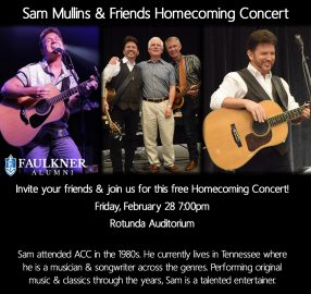 Sam Mullins Homecoming Concert info graphic for Faulkner Homecoming 2020