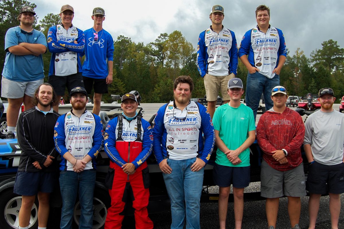 Faulkner Bass Fishing team. Back row l-r: Hudson Tinnell, Tyler Smith, Cade Wood, Will Cannon, Jacob O'Brien. Front row l-r: JD Phillips, Benjamin Garcia, Christian Rines, Phillip Parrish, Garret Jurkofsky, Sam Shiver, Colby Sanford.