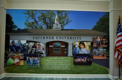 A mural on one of the walls in the Harris College of Business depicts the Faulkner front entrance.