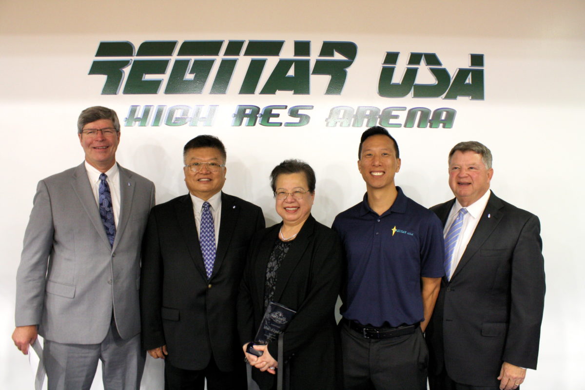 l-r President Mitch Henry, Dr. Y.T. Tsai, Chau Tsai, Henry Tsai and Dr. John Tyson pose together following the unveiling of the REGITAR USA High Res Arena. 
