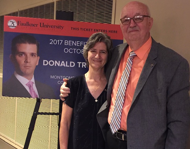 Martha and her husband Mitch Grubb pose together at the Faulkner Benefit Dinner featuring Donald Trump Jr. 