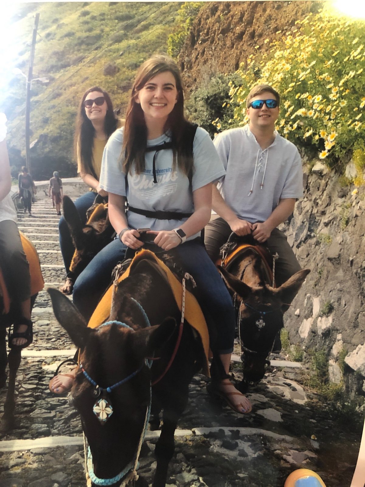 Students ride donkeys in Santorini, Greece. 